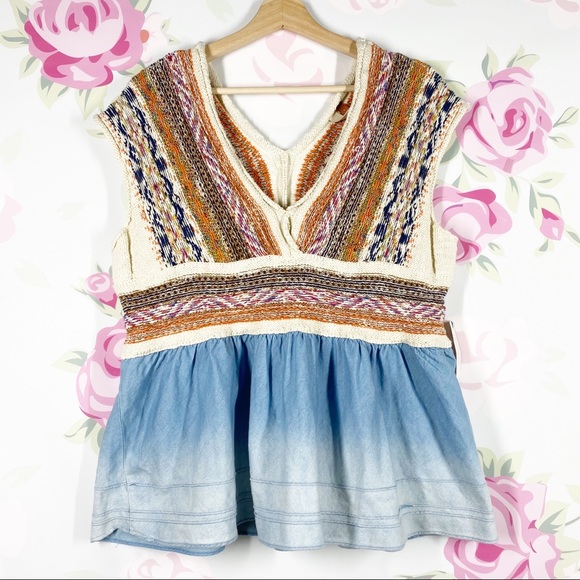Anthropologie Tops - NEW Anthropologie Pilcro and the Letterpress Knit Boho Sleeveless Denim Blouse L